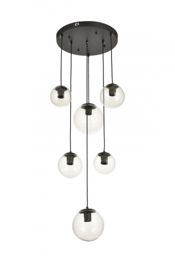 Avizemoda Pigaro 6 lı Şeffaf Camlı Salon Oturma Odası Modern Sarkıt Avize - (Siyah Kasa)