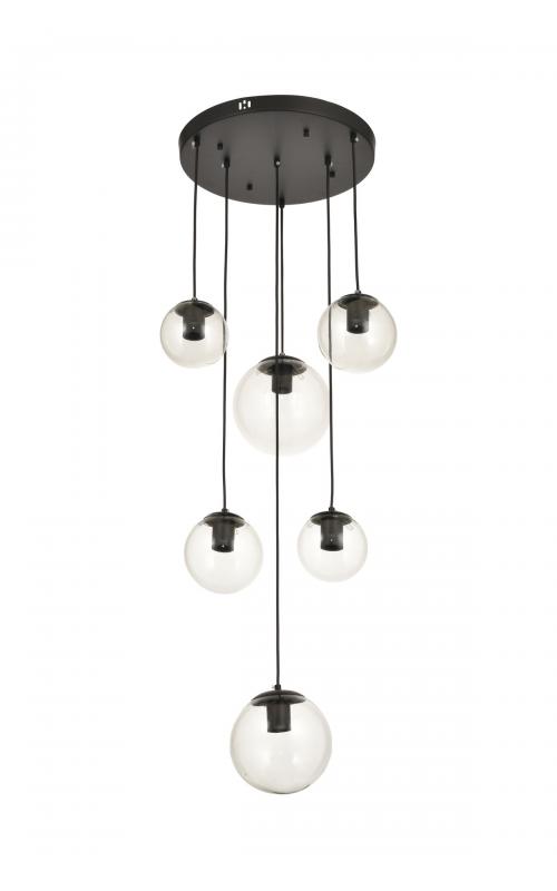 Avizemoda Pigaro 6 lı Şeffaf Camlı Salon Oturma Odası Modern Sarkıt Avize - (Siyah Kasa)