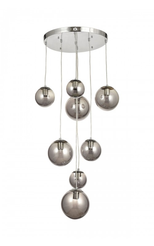 Avizemoda Pigaro 8 li Füme Renk Camlı Salon Oturma Odası Modern Sarkıt Avize - (Krom Kaplama)