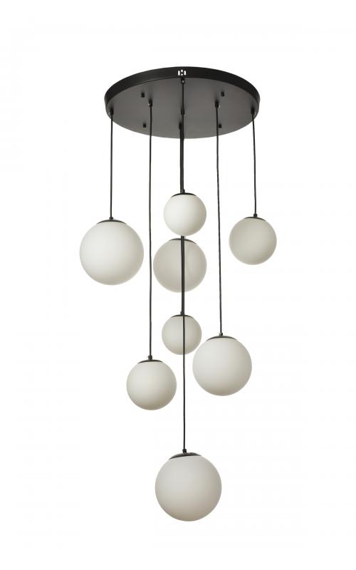 Avizemoda Pigaro 8 li Beyaz Renk Camlı Salon Oturma Odası Modern Sarkıt Avize - (Siyah Kasa)