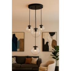 Avizemoda Pigaro 4 lü Şeffaf Camlı Salon Oturma Odası Modern Sarkıt Avize - (Siyah Kasa)