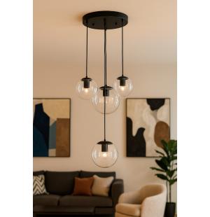 Avizemoda Pigaro 4 lü Şeffaf Camlı Salon Oturma Odası Modern Sarkıt Avize - (Siyah Kasa)