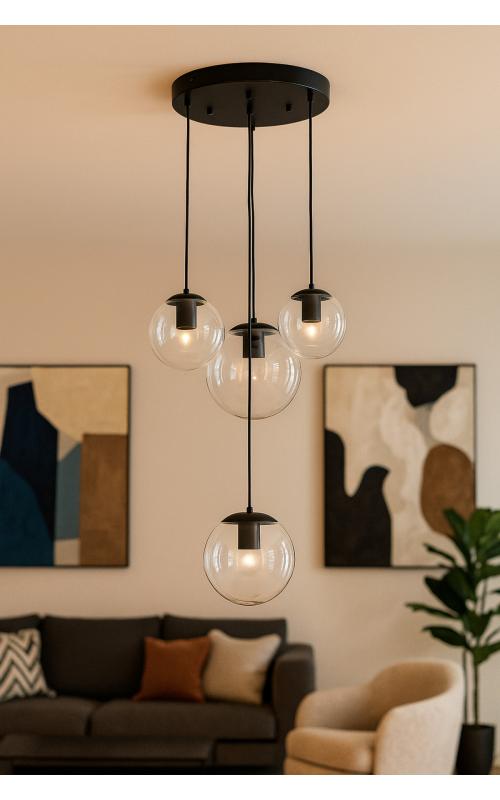 Avizemoda Pigaro 4 lü Şeffaf Camlı Salon Oturma Odası Modern Sarkıt Avize - (Siyah Kasa)