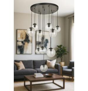Avizemoda Pigaro 10 lu Şeffaf Camlı Salon Oturma Odası Modern Sarkıt Avize - (Siyah Kasa)