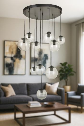 Avizemoda Pigaro 10 lu Şeffaf Camlı Salon Oturma Odası Modern Sarkıt Avize - (Siyah Kasa)