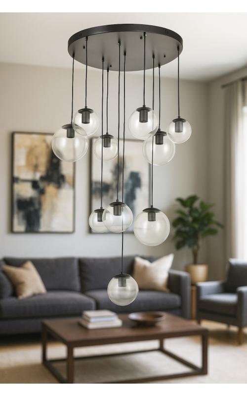 Avizemoda Pigaro 10 lu Şeffaf Camlı Salon Oturma Odası Modern Sarkıt Avize - (Siyah Kasa)