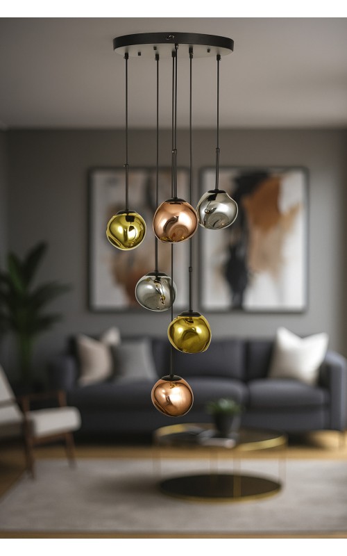 Avizemoda Rainbow 6 lı Asimetrik Desen Camlı Dekor Aydınlatma İçin Modern Sarkıt Avize - (Loş ışık verir)