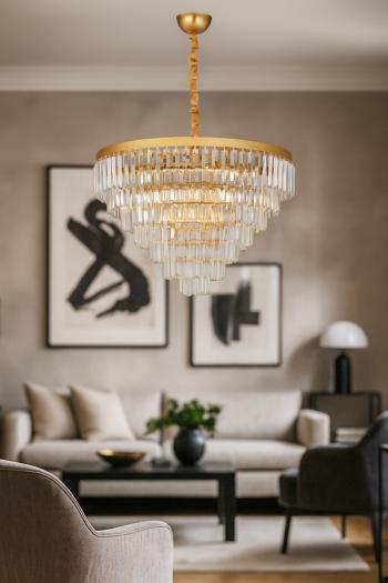 Avizemoda Linsa 65 Cm'lik Kristal Cam Taşlı Lüks Avize - (Sarı Yaldız)