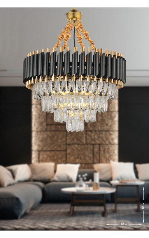 Avizemoda Palmira 55'lik Prizma Kesim Kristal Taşlı Lüks Avize - (siyah-gold)