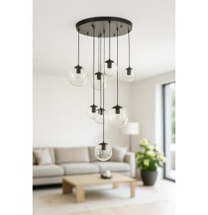 Avizemoda Pigaro 8 li Şeffaf Camlı Salon Oturma Odası Modern Sarkıt Avize - (Siyah Kasa)