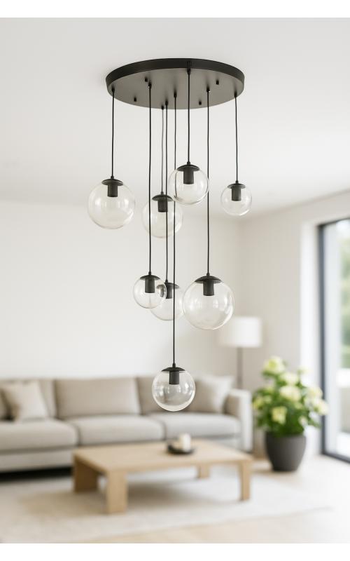 Avizemoda Pigaro 8 li Şeffaf Camlı Salon Oturma Odası Modern Sarkıt Avize - (Siyah Kasa)