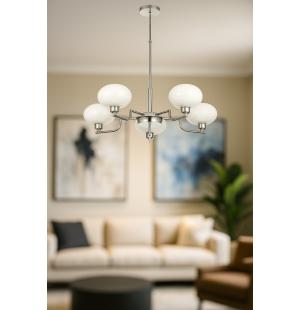 Avizemoda Vanna 5 li Beyaz Camlı Salon Oturma Odası Modern Sarkıt Avize - (Krom Kaplama)