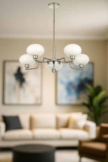 Avizemoda Vanna 5 li Beyaz Camlı Salon Oturma Odası Modern Sarkıt Avize - (Krom Kaplama)