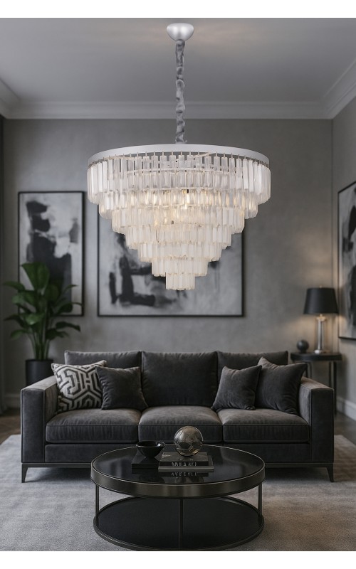 Avizemoda Linsa 65 Cm'lik Kristal Cam Taşlı Lüks Avize - (Gümüş Yaldız)