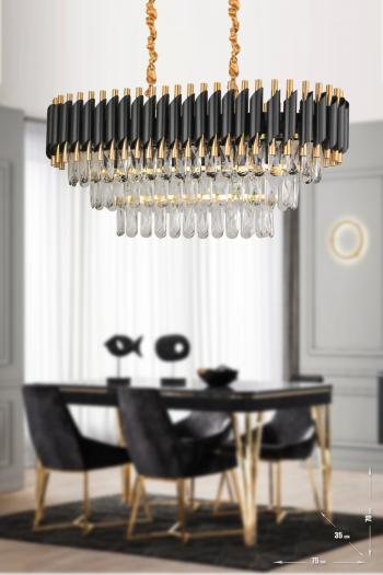 Avizemoda Palmira 75x35 Cm'lik 3 Katlı Prizma Kesim Kristal Taşlı Lüks Avize 6'lı - (siyah-gold)