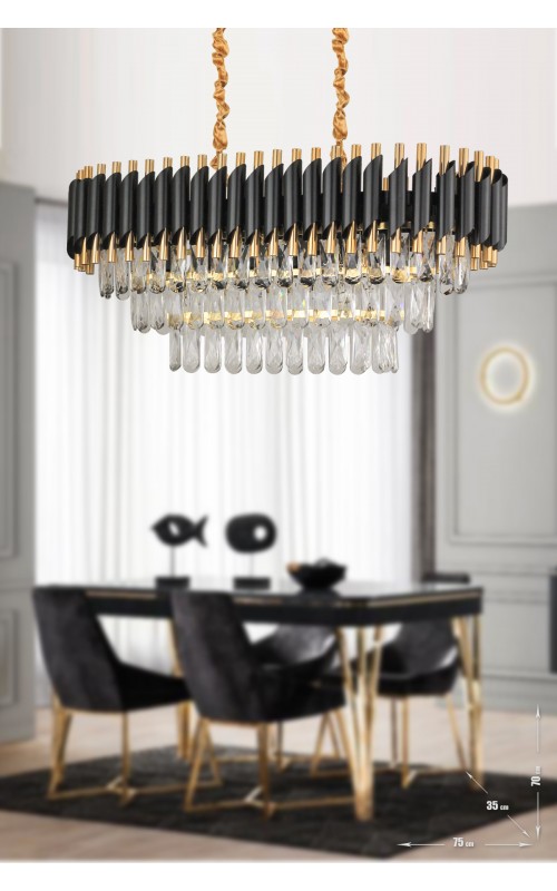Avizemoda Palmira 75x35 Cm'lik 3 Katlı Prizma Kesim Kristal Taşlı Lüks Avize 6'lı - (siyah-gold)