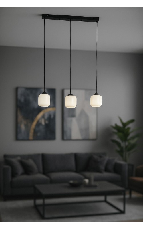 Avizemoda Siena 3 lü Yemek Masası Üstü Beyaz Camlı Modern Sarkıt Avize - (Siyah)