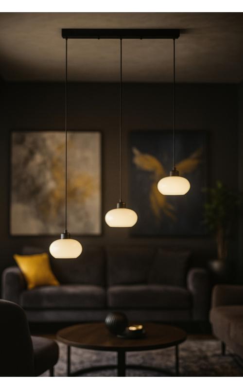 Avizemoda Vanna 3 lü Yemek Masası Üstü Beyaz Camlı Modern Sarkıt Avize - (Siyah)