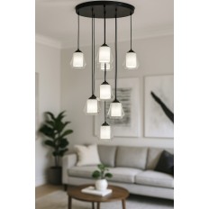 Avizemoda Venita 8 li Şeffaf+Beyaz Çift Camlı Salon Oturma Odası Modern Sarkıt Avize - (Siyah Kasa)
