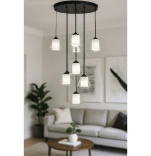 Avizemoda Venita 8 li Şeffaf+Beyaz Çift Camlı Salon Oturma Odası Modern Sarkıt Avize - (Siyah Kasa)