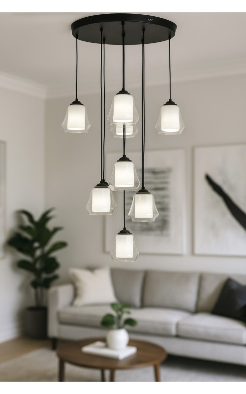 Avizemoda Venita 8 li Şeffaf+Beyaz Çift Camlı Salon Oturma Odası Modern Sarkıt Avize - (Siyah Kasa)