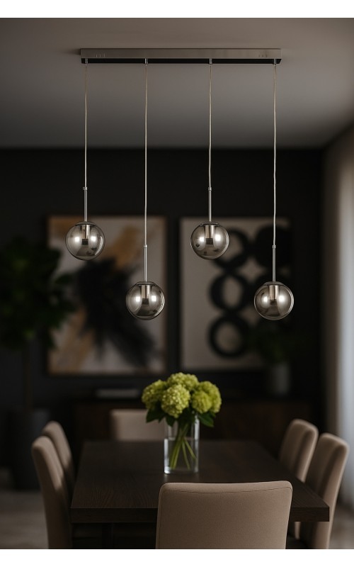 Avizemoda Miya 4 lü Yemek Masası Üstü Füme Camlı Modern Sarkıt Avize - (Krom Kaplama)