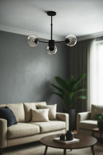 Avizemoda Miya 3 lü Şeffaf Camlı Salon Oturma Odası Modern Sarkıt Avize - (Siyah)