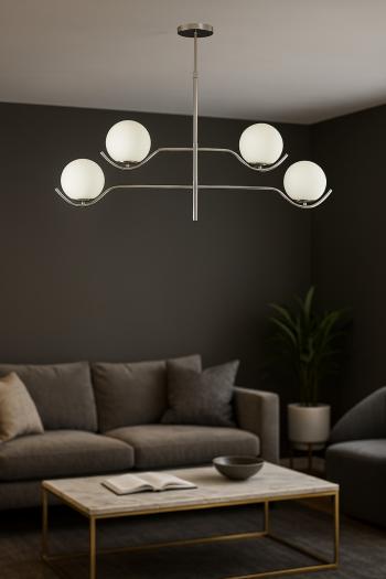 Avizemoda Ranya 4 lü Beyaz Camlı Salon Oturma Odası Modern Kollu Avize - (Krom Kaplama)