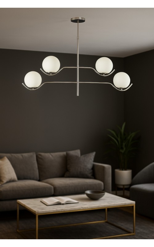 Avizemoda Ranya 4 lü Beyaz Camlı Salon Oturma Odası Modern Kollu Avize - (Krom Kaplama)