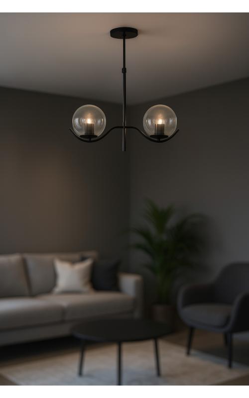 Avizemoda Ranya 2 li Şeffaf Camlı Salon Oturma Odası Modern Avize - (Siyah)