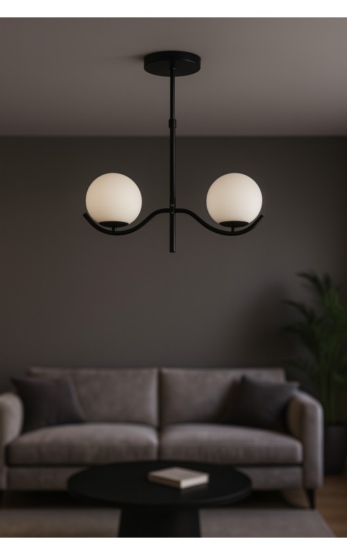 Avizemoda Ranya 2 li Beyaz Camlı Salon Oturma Odası Modern Avize - (Siyah)