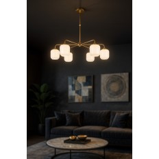 Avizemoda Siena 6 lı Beyaz Camlı Salon Oturma Odası Modern Sarkıt Avize - (Gold Kaplama)