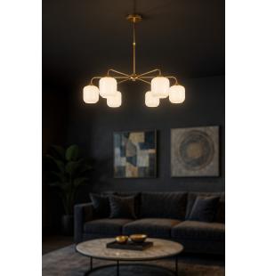 Avizemoda Siena 6 lı Beyaz Camlı Salon Oturma Odası Modern Sarkıt Avize - (Gold Kaplama)