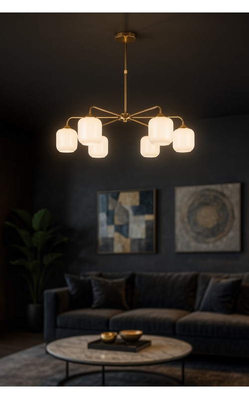 Avizemoda Siena 6 lı Beyaz Camlı Salon Oturma Odası Modern Sarkıt Avize - (Gold Kaplama)