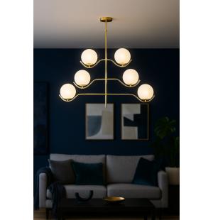 Avizemoda Ranya 6 lı Beyaz Camlı Salon Oturma Odası Modern Kollu Avize - (Gold Kaplama)