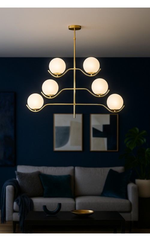 Avizemoda Ranya 6 lı Beyaz Camlı Salon Oturma Odası Modern Kollu Avize - (Gold Kaplama)