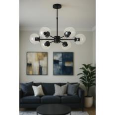 Avizemoda Miya 6 lı Şeffaf Camlı Salon Oturma Odası Modern Sarkıt Avize - (Siyah)