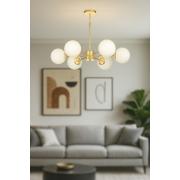 Avizemoda Miya 6 lı Beyaz Camlı Salon Oturma Odası Modern Sarkıt Avize - (Gold Kaplama)
