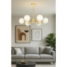 Avizemoda Miya 6 lı Beyaz Camlı Salon Oturma Odası Modern Sarkıt Avize - (Gold Kaplama)
