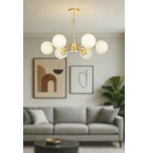 Avizemoda Miya 6 lı Beyaz Camlı Salon Oturma Odası Modern Sarkıt Avize - (Gold Kaplama)
