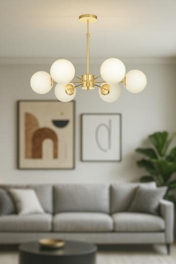 Avizemoda Miya 6 lı Beyaz Camlı Salon Oturma Odası Modern Sarkıt Avize - (Gold Kaplama)