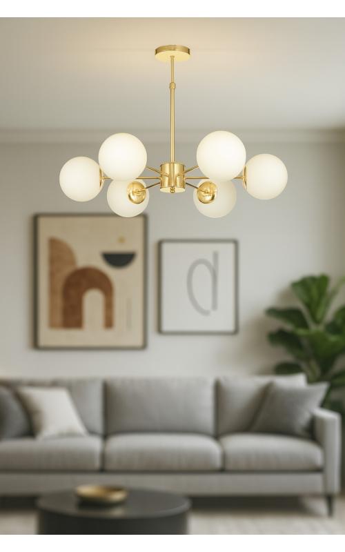 Avizemoda Miya 6 lı Beyaz Camlı Salon Oturma Odası Modern Sarkıt Avize - (Gold Kaplama)