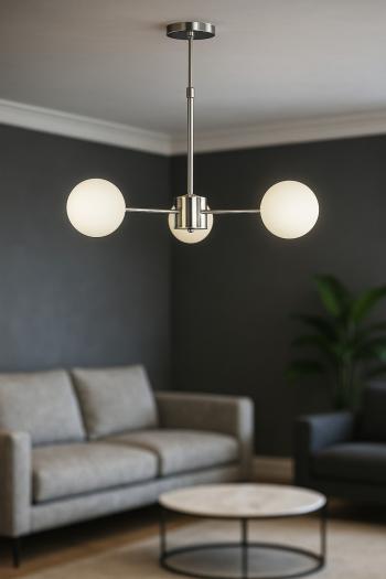 Avizemoda Miya 3 lü Beyaz Camlı Salon Oturma Odası Modern Sarkıt Avize - (Krom Kaplama)