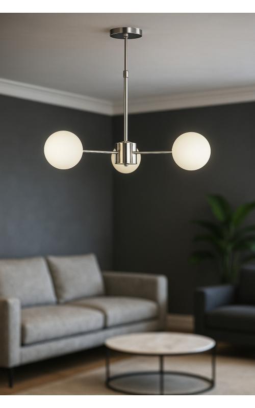 Avizemoda Miya 3 lü Beyaz Camlı Salon Oturma Odası Modern Sarkıt Avize - (Krom Kaplama)