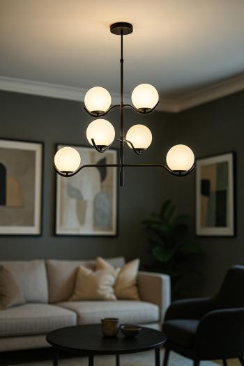 Avizemoda Ranya 6 lı Beyaz Camlı Salon Oturma Odası Modern Kollu Avize - (Siyah)
