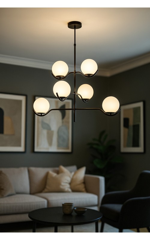 Avizemoda Ranya 6 lı Beyaz Camlı Salon Oturma Odası Modern Kollu Avize - (Siyah)