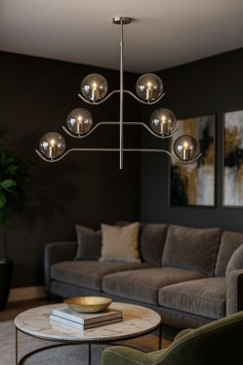 Avizemoda Ranya 6 Lı Füme Camlı Salon Oturma Odası Modern Kollu Avize - (KROM KAPLAMA)
