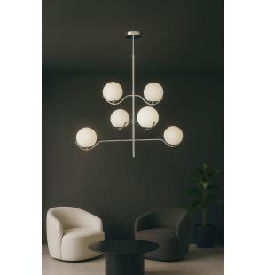 Avizemoda Ranya 6 lı Beyaz Camlı Salon Oturma Odası Modern Kollu Avize - (Krom Kaplama)