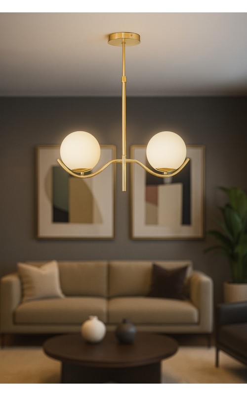 Avizemoda Ranya 2 li Beyaz Camlı Salon Oturma Odası Modern Avize - (Gold Kaplama)