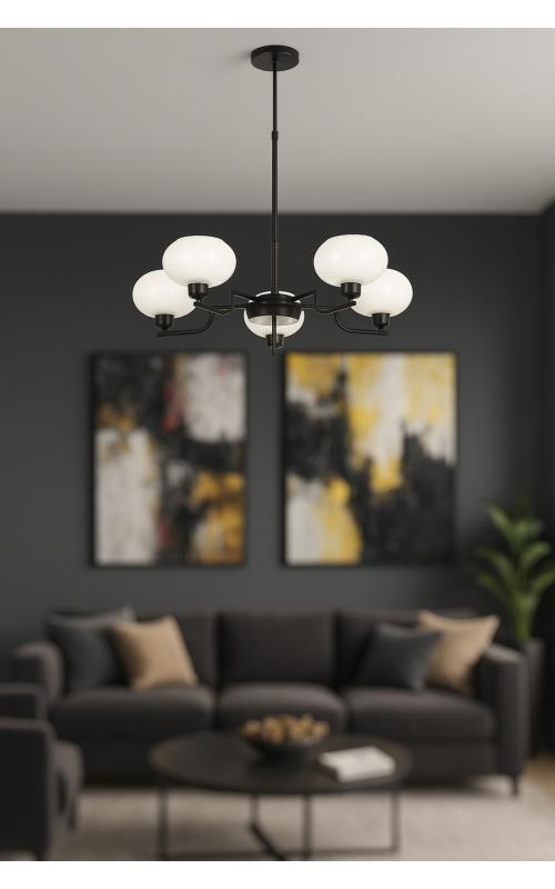 Avizemoda Vanna 5 li Beyaz Camlı Salon Oturma Odası Modern Sarkıt Avize - (Siyah)